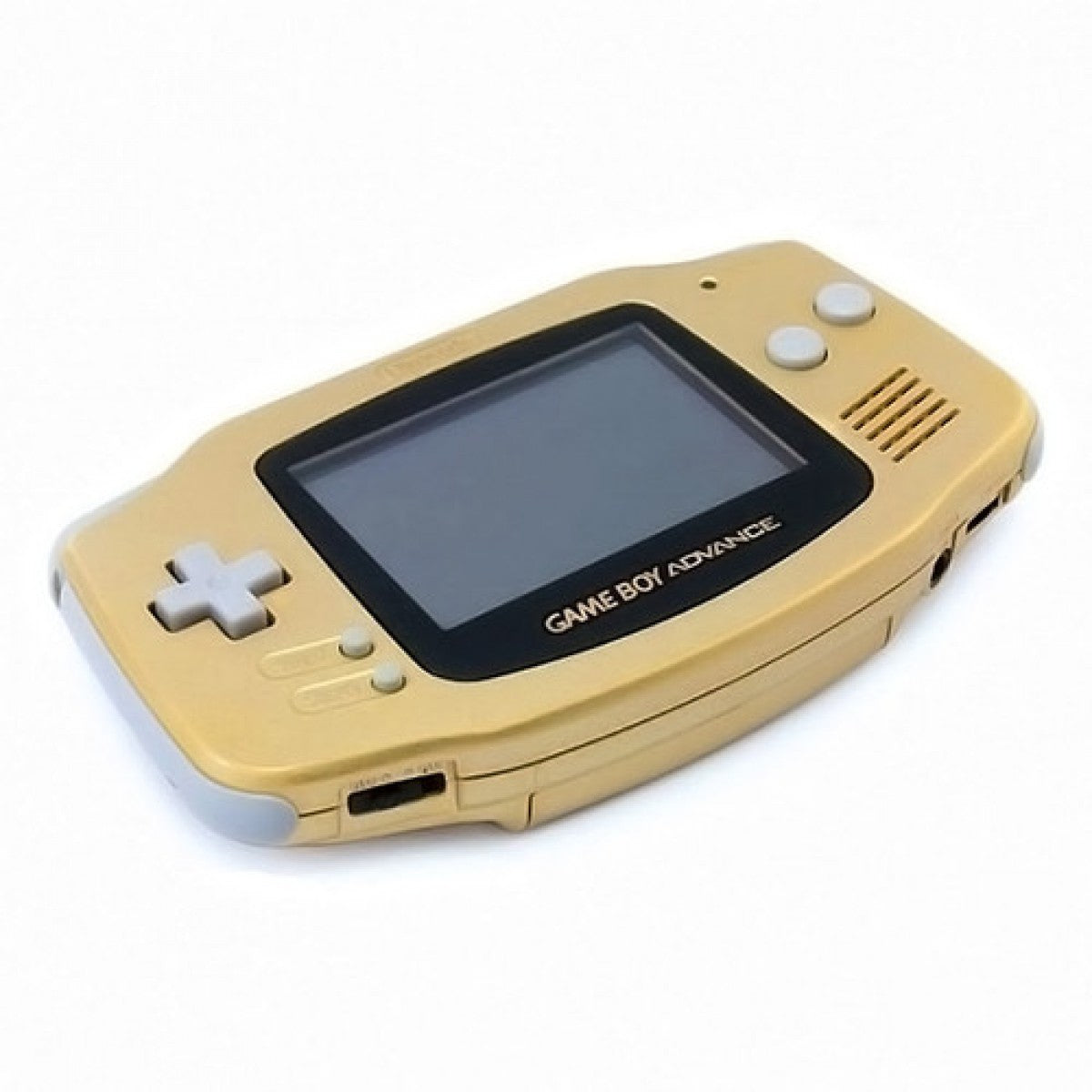 Angled front view of a gold Game Boy Advance console showing its metallic casing, widescreen display, and button layout.