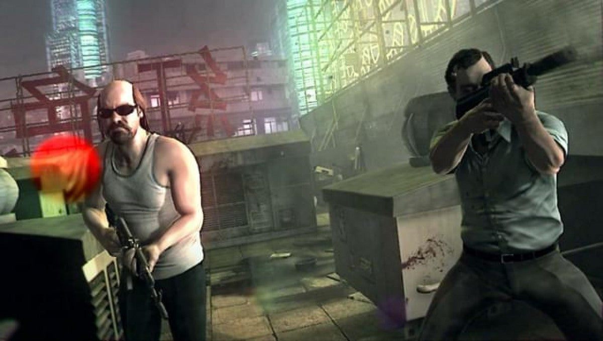 Retro Kane and Lynch 2 Dog Days Xbox 360 inspired design featuring gritty crime thriller shooter aesthetic vintage HD era handheld camcorder visual style urban Shanghai chaos intense co op action brutal criminal underworld cinematic realism nostalgic third person shooter presentation gameplay