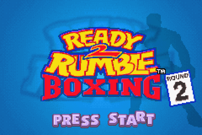 Ready 2 Rumble Boxing Round 2 for Game Boy Advance (GBA), title screen for a retro video game featuring arcade-style boxing gameplay, fast-paced combat, character-based fighters, tournament challenges, and over-the-top sports action