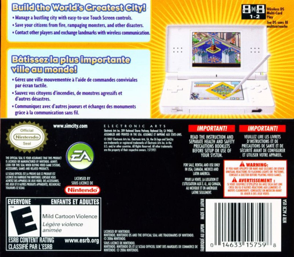 SimCity DS Nintendo DS back of case for retro video game featuring city building simulation gameplay urban planning and resource management growing metropolitan skylines strategic development decisions transportation systems civic infrastructure and portable strategy gaming experience