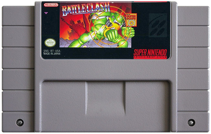 Battle Clash retro SNES video game Battle Clash sci fi mech combat light gun shooter futuristic robot battles arcade style action gameplay console title Super Nintendo release cartridge