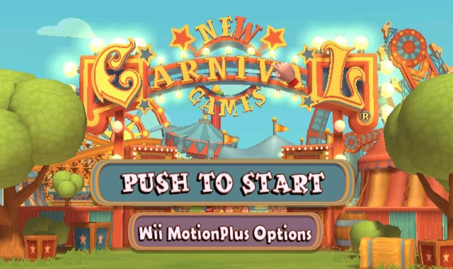 New Carnival Games Nintendo Wii video game, party mini-games, family-friendly gameplay, motion-controlled fun, Wii console title main menu start screen