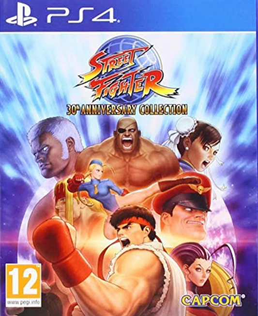 Street Fighter 30th Anniversary Collection PEGI rated PlayStation 4 fighting game compilation twelve classic arcade titles Street Fighter I Street Fighter II series Street Fighter Alpha series Street Fighter III series arcade perfect ports online multiplayer training museum mode Capcom fighting legacy collection front cover