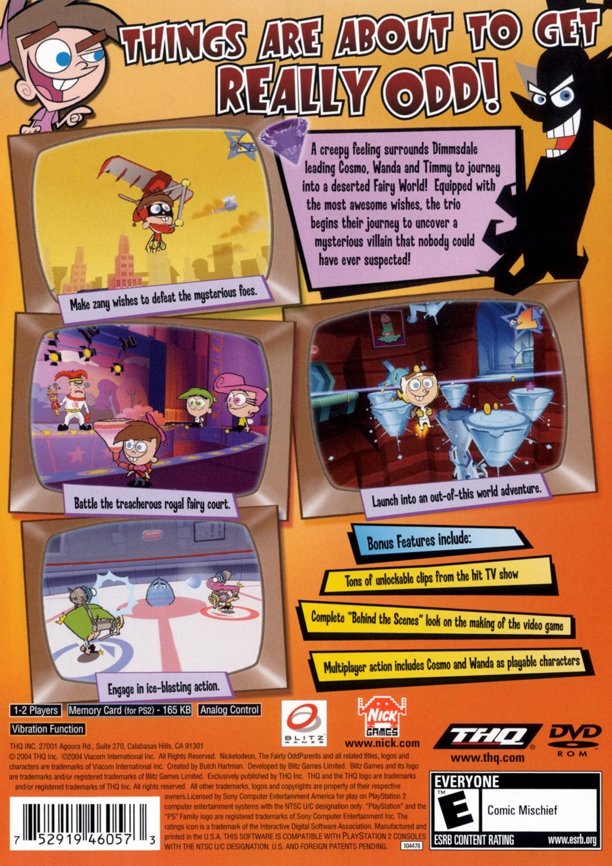 The Fairly OddParents Shadow Showdown PlayStation 2 inspired design featuring cartoon platform adventure aesthetic Nickelodeon animated style magical fairy godparents Timmy Turner fantasy wish powered gameplay colorful comedy action puzzle exploration nostalgic PS2 presentation back cover 