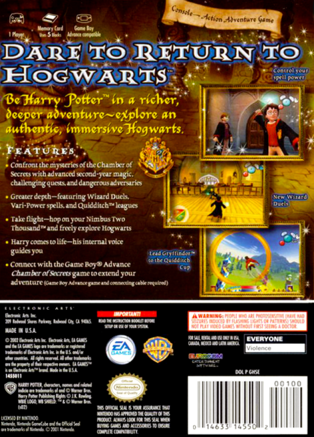 Harry Potter and the Chamber of Secrets back of case for GameCube (GC) action-adventure fantasy video game