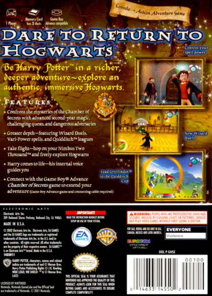 Harry Potter and the Chamber of Secrets back of case for GameCube (GC) action-adventure fantasy video game