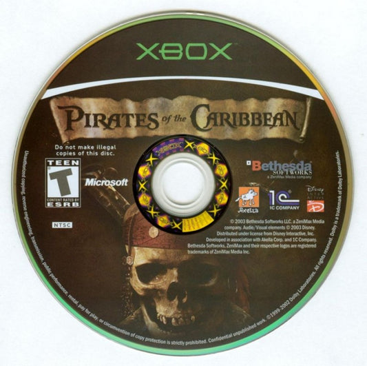Pirates of the Caribbean Xbox featuring action adventure gameplay with pirate ship battles disc art