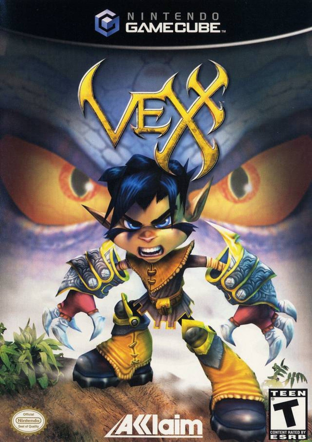 Vexx Nintendo GameCube GC for retro video game enthusiasts featuring 3D action platforming gameplay expansive world exploration acrobatic movement challenging collectibles fantasy adventure environments combat driven progression and collectible gaming appeal front cover
