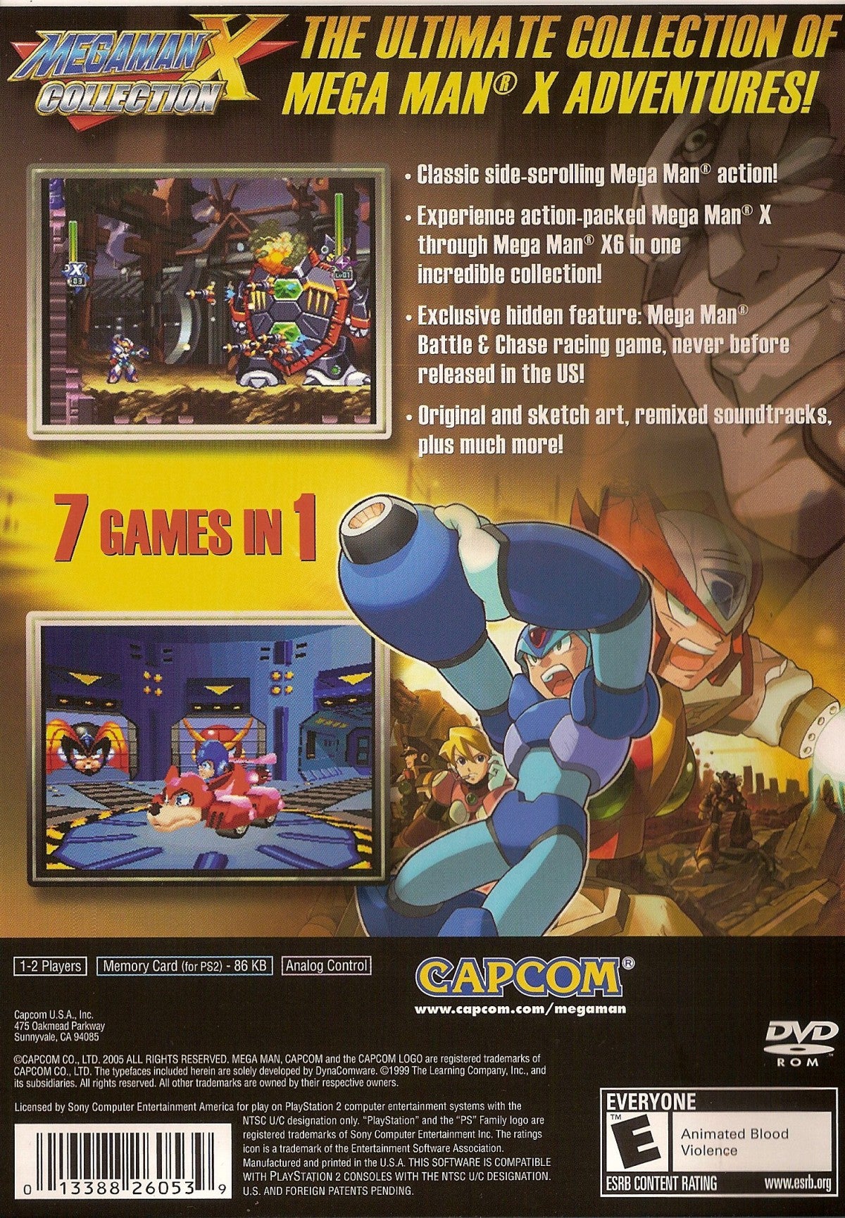 Mega Man X Collection PlayStation 2 (PS2) back cover art showing classic characters and bold retro graphics.