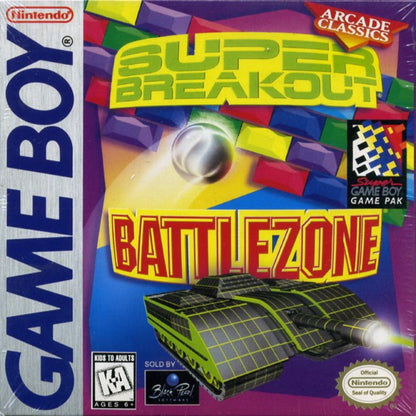 Arcade Classic Super Breakout and Battlezone Nintendo Game Boy GB video game collection featuring two classic Atari arcade games paddle and ball action Breakout brick breaking gameplay Battlezone vector graphics tank combat first person arcade shooting obstacle avoidance high score challenges and retro handheld arcade gaming retro video game collection collectible gaming appeal front cover art