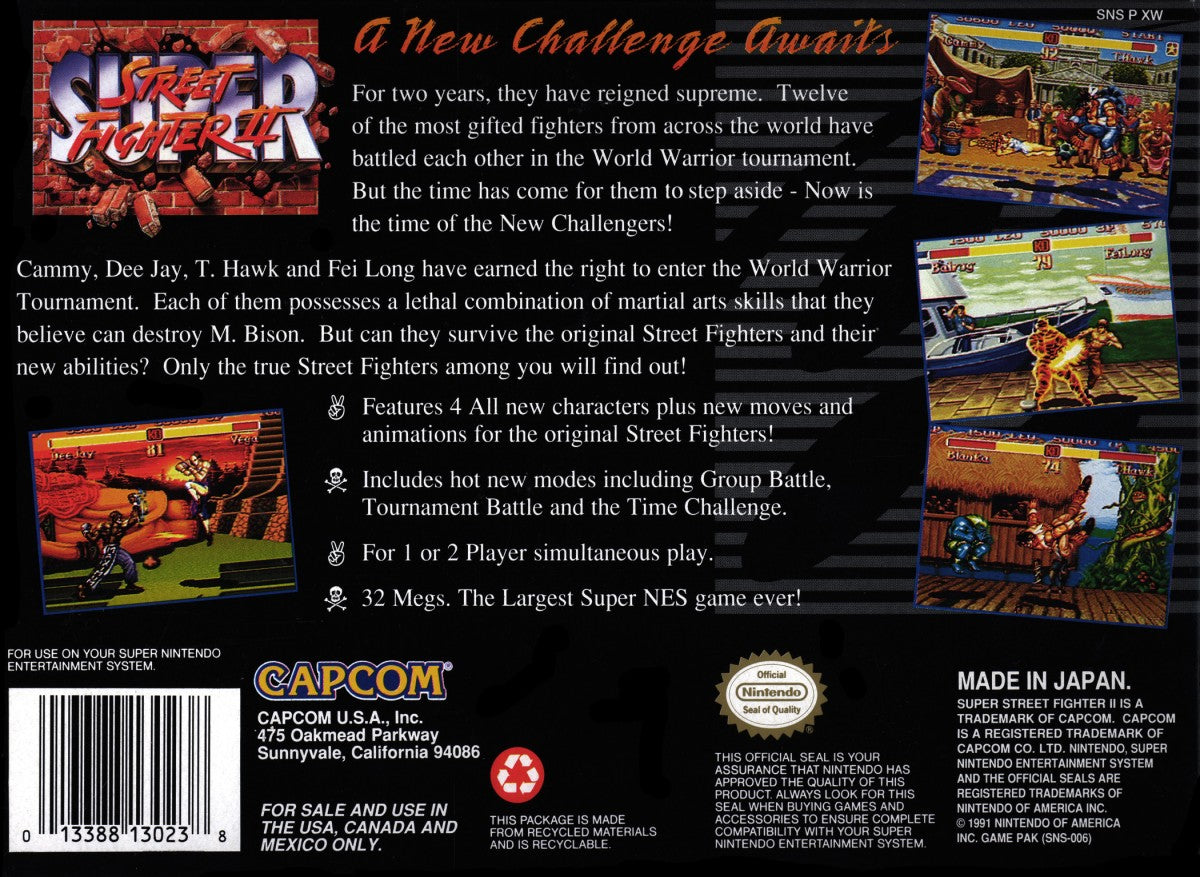 Retro Super Street Fighter II SNES inspired design featuring classic arcade fighting game aesthetic enhanced world warrior roster fast paced 2D combat pixel art martial arts tournament gameplay iconic Capcom fighter nostalgic Super Nintendo presentation rear art 