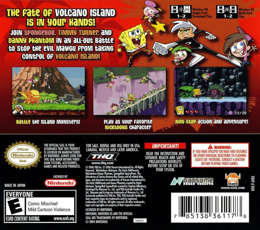 Nicktoons Battle for Volcano Island back of case for Nintendo DS (DS) cartoon action adventure video game
