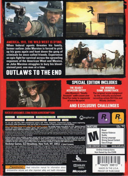Red Dead Redemption Special Edition for the Xbox 360 featuring open world western action gameplay with story driven missions horseback exploration gunfights and additional bonus content including extra outfits weapons and challenges set in the American frontier back cover 