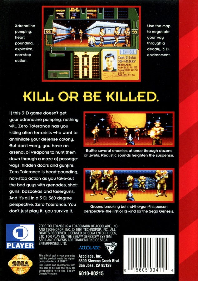 Zero Tolerance Sega Genesis retro video game first person shooter back of case (1994)
