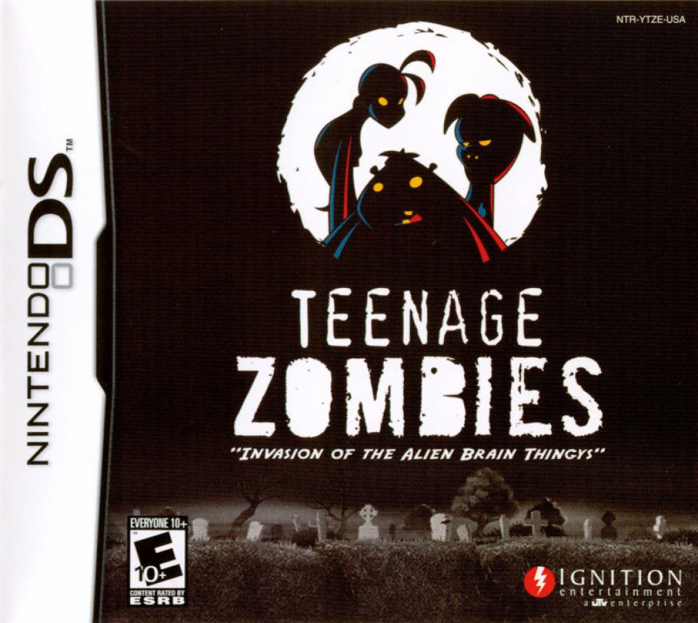 Teenage Zombies Nintendo DS side scrolling action platformer featuring undead teen heroes puzzle solving levels stylus based controls comic book art style quirky humor and sci fi storyline adventure cover