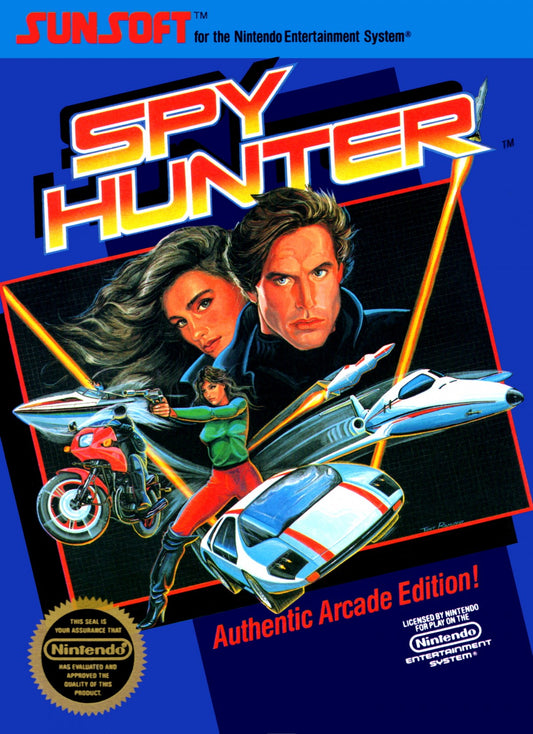 Spy Hunter cartridge for the Nintendo Entertainment System featuring 8 bit top down driving shooter gameplay with high speed car chases weapon upgrades and enemy vehicles across dangerous highways front cover