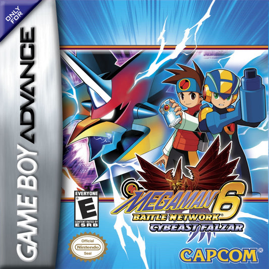 Mega Man Battle Network 6: Cybeast Falzar for Game Boy Advance action RPG card battle game featuring Lan and MegaMan.EXE grid based combat Cybeast Falzar version multiplayer link battles cover art 