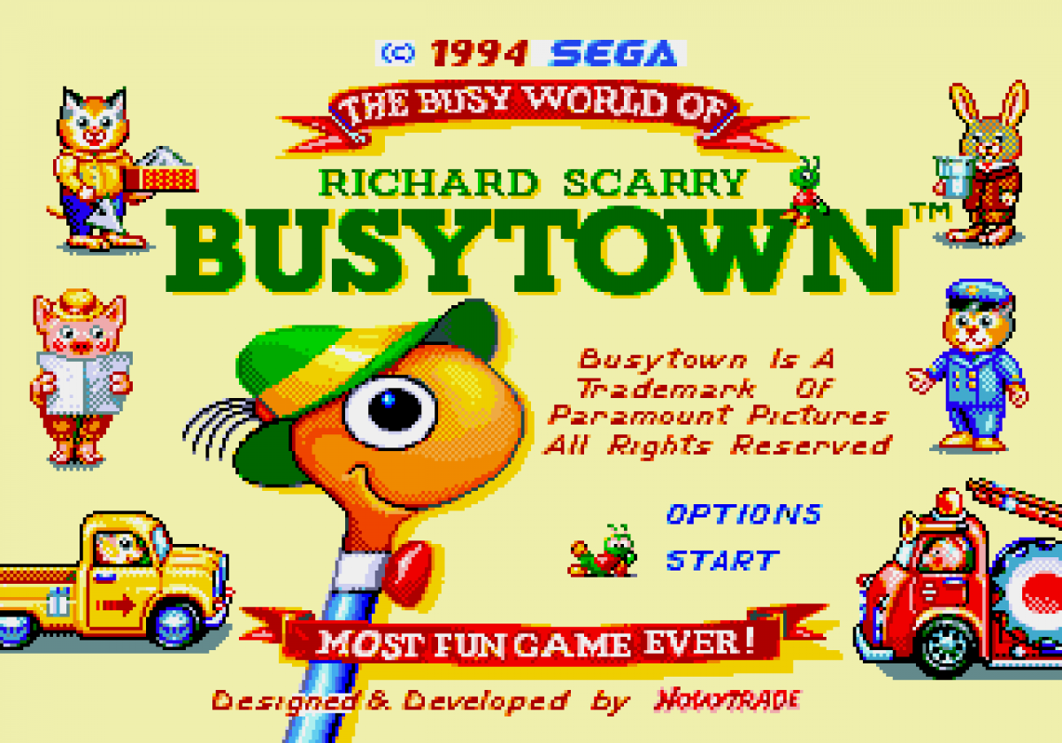 Richard Scarrys BusyTown retro Sega Genesis video game featuring educational gameplay, cartoon adventure action, family friendly activities and classic Genesis entertainment - title screen