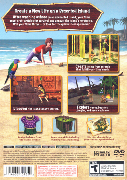 The Sims 2: Castaway – PlayStation 2 (PS2) video game back of case, life simulation adventure.