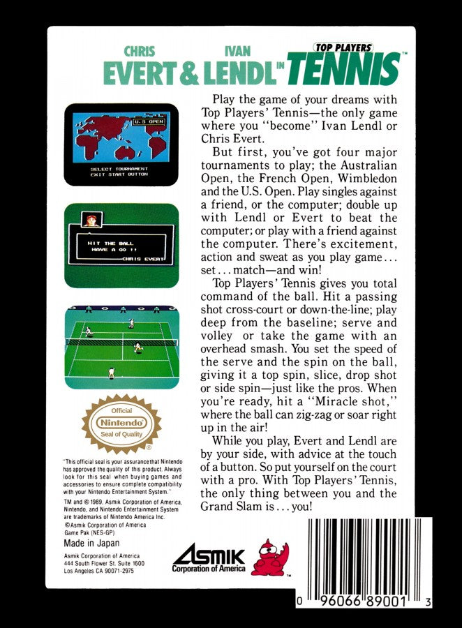 Top Players Tennis game for the Nintendo Entertainment System featuring arcade style tennis gameplay with singles and doubles matches simple controls and competitive court action across multiple characters and tournament style play back cover 