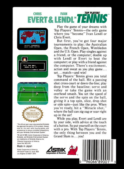 Top Players Tennis game for the Nintendo Entertainment System featuring arcade style tennis gameplay with singles and doubles matches simple controls and competitive court action across multiple characters and tournament style play back cover 