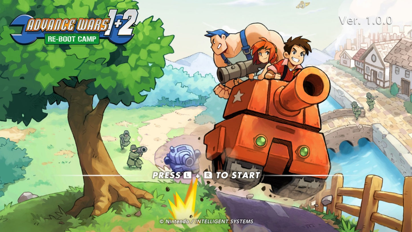 Advance Wars 1+2: Re‑Boot Camp title screen for Nintendo Switch (NS) featuring remastered tactical strategy gameplay, commanding armies across grid‑based battlefields with updated visuals and classic campaigns.