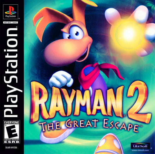 Rayman 2 The Great Escape for PlayStation 1 action platformer video game featuring colorful 3D worlds fluid platforming creative level design and the classic Ubisoft Rayman adventure experience cover art