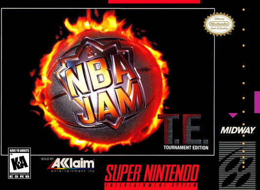 NBA Jam Tournament Edition for Super Nintendo arcade style basketball game featuring two on two matches over the top dunks fast paced gameplay and multiplayer competitive mode cover art