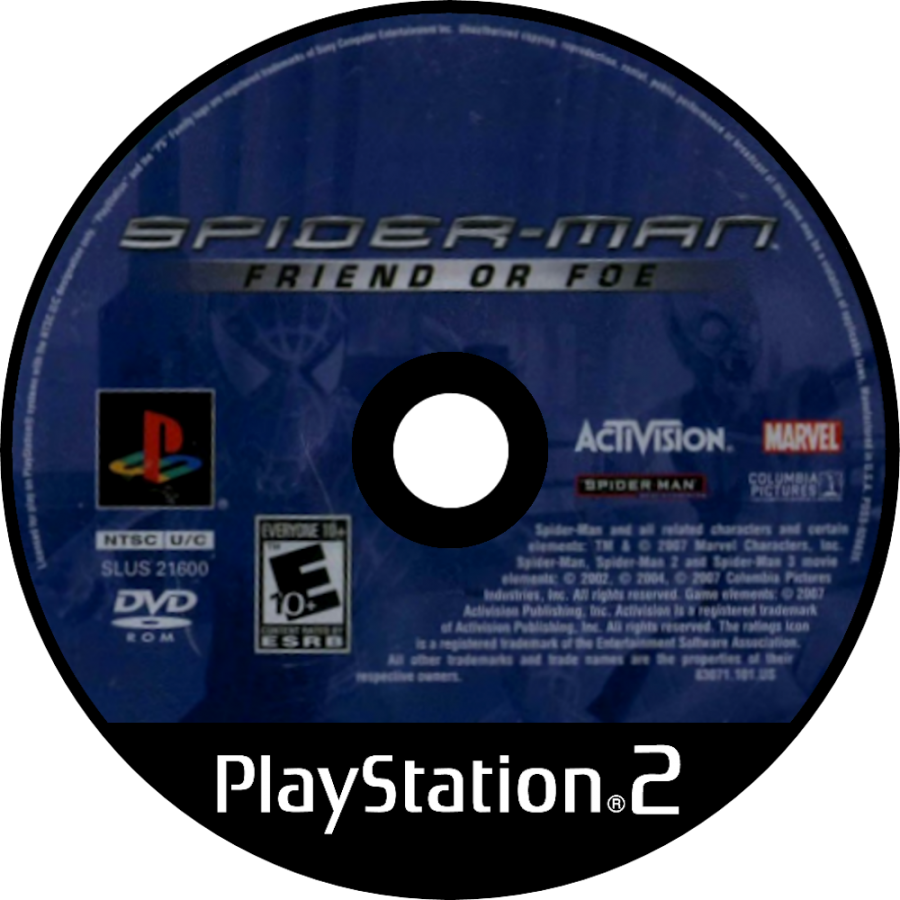 Spider-Man Friend or Foe PlayStation 2 PS2 for action adventure video game fans featuring Marvel superhero gameplay web swinging combat missions iconic Spider-Man villains cooperative multiplayer team battles character abilities colorful comic book inspired visuals collectible gaming appeal front cover disc