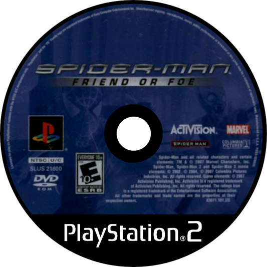 Spider-Man Friend or Foe PlayStation 2 PS2 for action adventure video game fans featuring Marvel superhero gameplay web swinging combat missions iconic Spider-Man villains cooperative multiplayer team battles character abilities colorful comic book inspired visuals collectible gaming appeal front cover disc