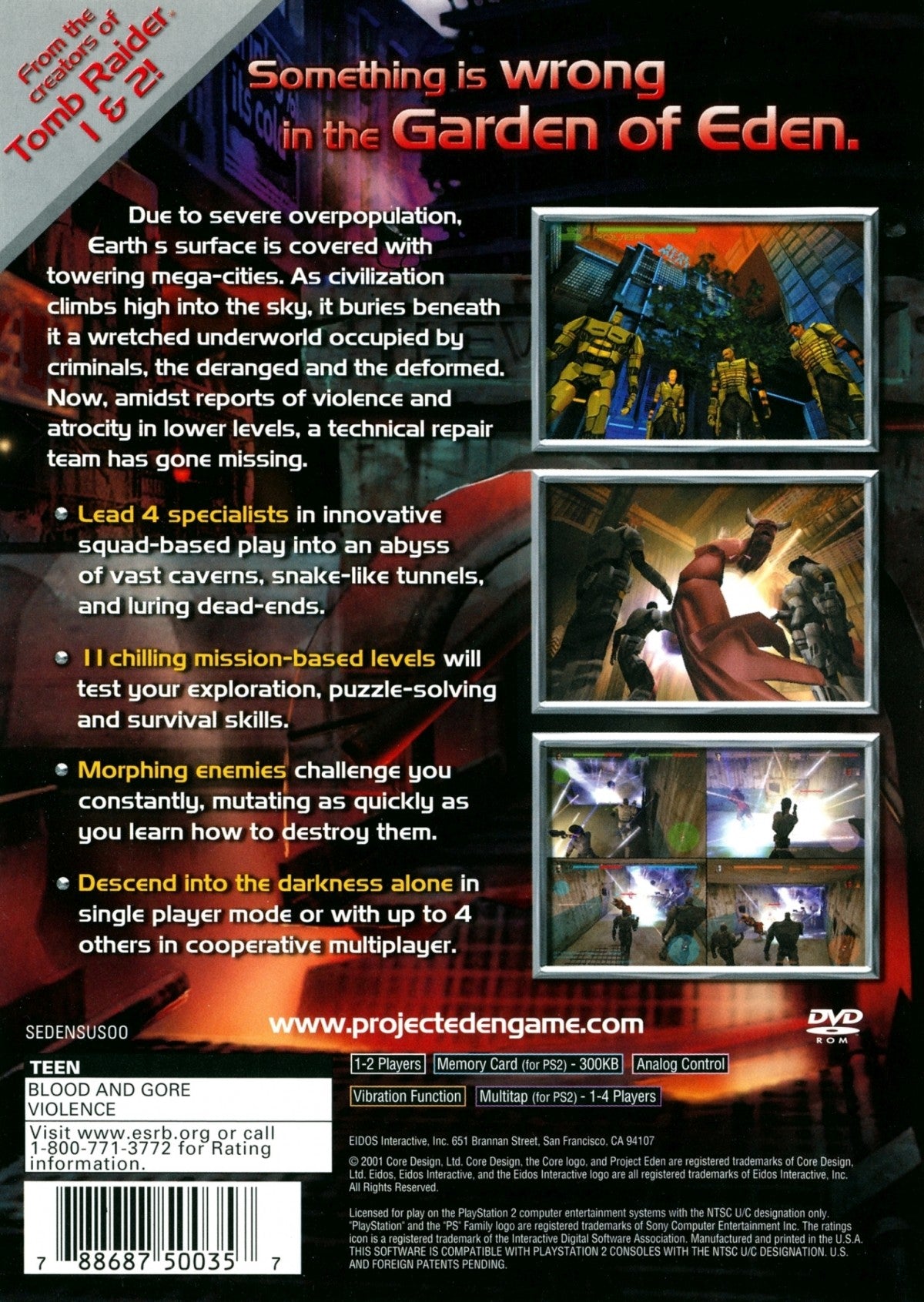 Project Eden PlayStation 2 PS2 video game, action adventure shooter, cooperative gameplay, sci-fi exploration, console title back cover