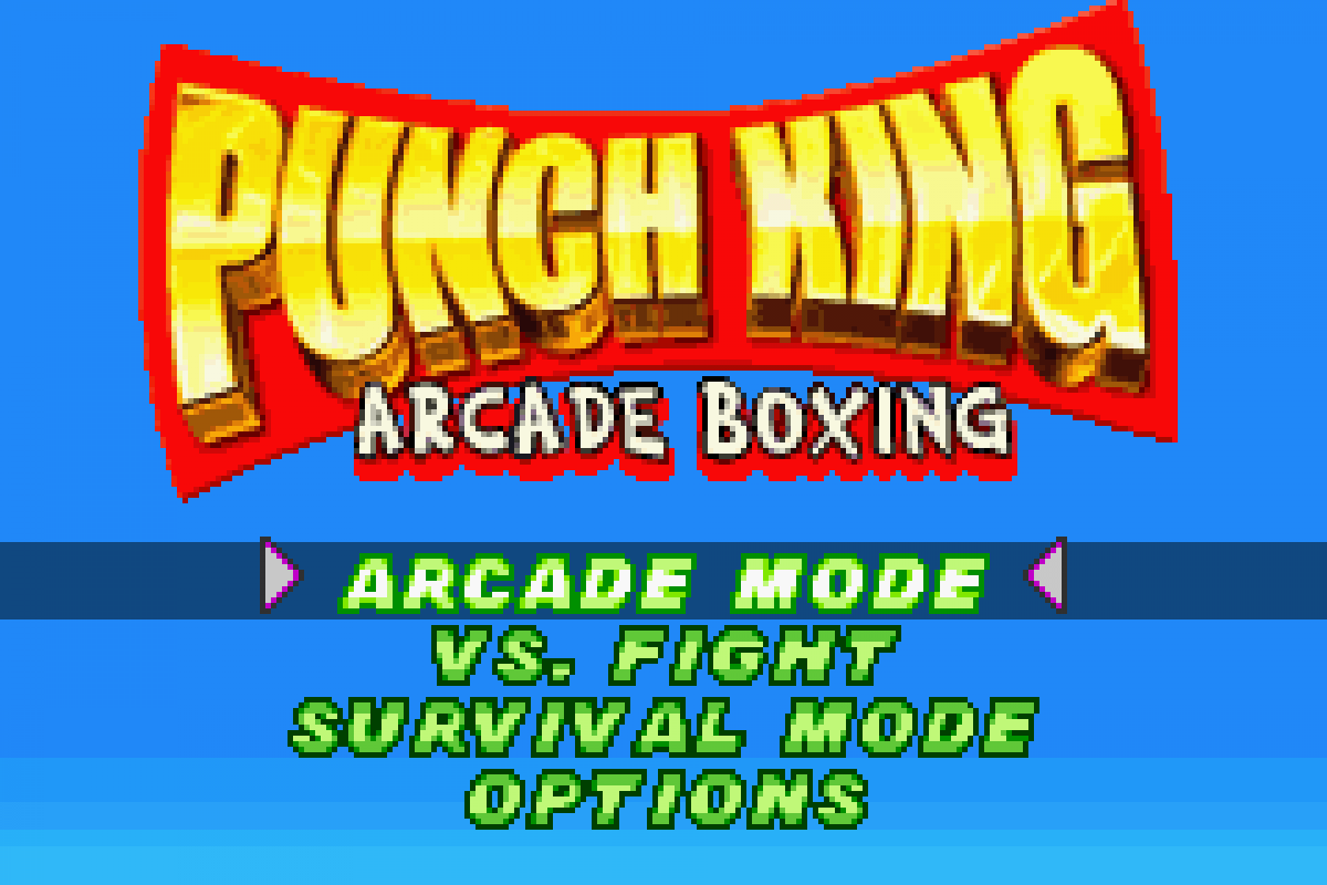 Punch King Game Boy Advance GBA video game featuring boxing gameplay competitive matches punch combinations knockout action boxing challenges character battles and classic handheld sports gaming retro video game collection collectible gaming appeal start screen