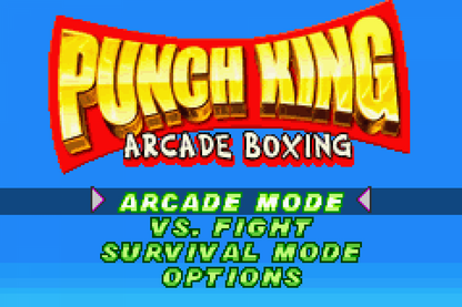 Punch King Game Boy Advance GBA video game featuring boxing gameplay competitive matches punch combinations knockout action boxing challenges character battles and classic handheld sports gaming retro video game collection collectible gaming appeal start screen