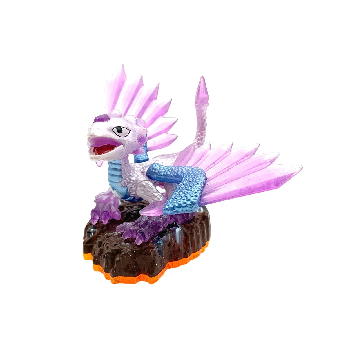 Flashwing Giants Skylanders figure for collectible gaming fans featuring Flashwing Earth element crystal dragon character white scales blue and purple crystal wings detailed figure orange base Skylanders Giants compatibility toys to life gameplay and classic Skylanders gaming collectible appeal