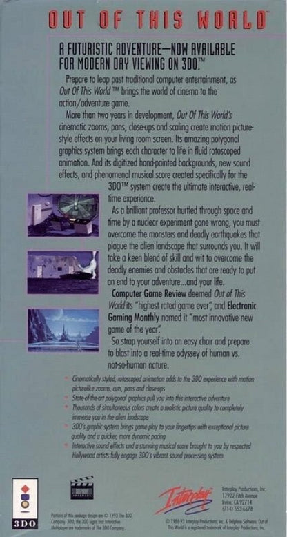 Out of This World back of case for Panasonic 3DO (3DO) cinematic action adventure video game