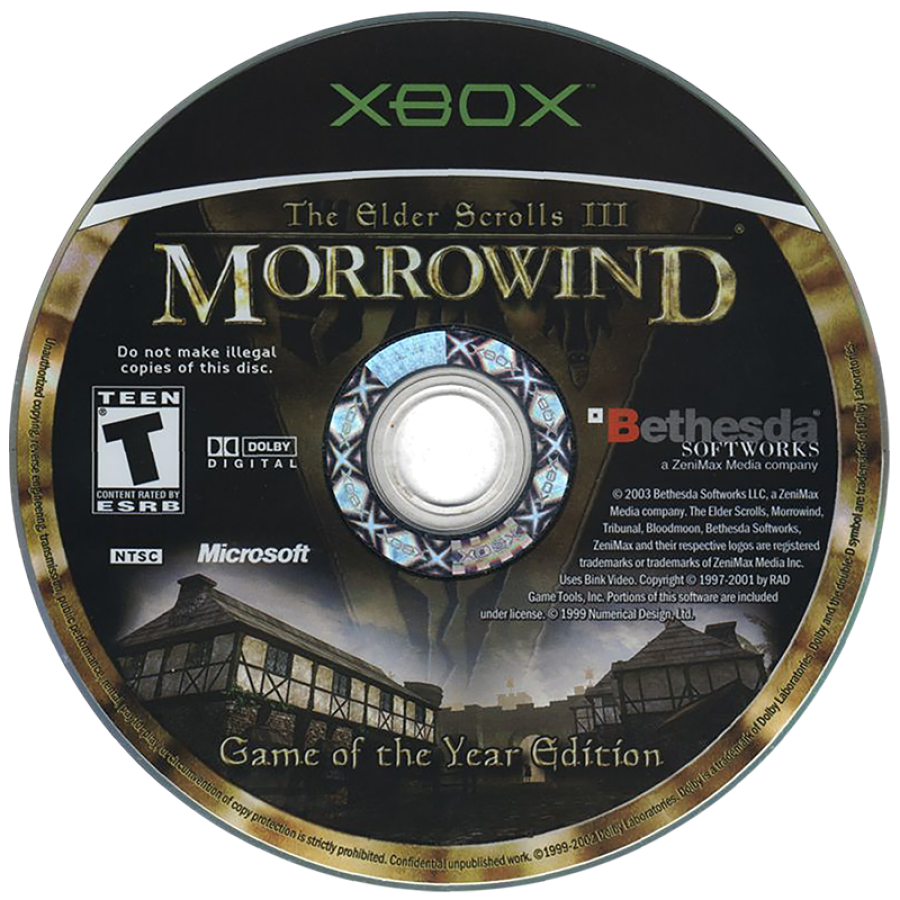 The Elder Scrolls III Morrowind for Xbox open world role playing game featuring expansive fantasy world deep character customization immersive questing and classic Bethesda RPG experience disc