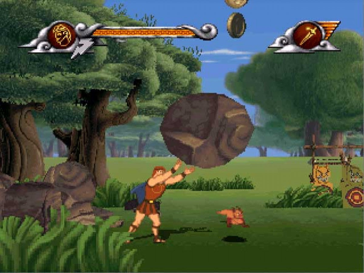 Disney Hercules PlayStation 1 PS1 Virgin Interactive 2D side-scrolling platformer action-adventure based on the animated film levels following Hercules journey Meg Hades Pegasus Phil Pain Panic titans Hydra Greek mythology villain battles puzzle-solving voice clips from the movie Sony PlayStation original classic 90s licensed game gameplay screenshot