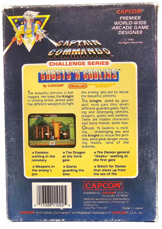 Ghosts n Goblins Nintendo Entertainment System NES video game featuring action platforming gameplay Arthur knight adventure monster battles haunted environments weapon attacks challenging levels boss fights and classic 8 bit Nintendo gameplay retro video game collection collectible gaming appeal back cover art
