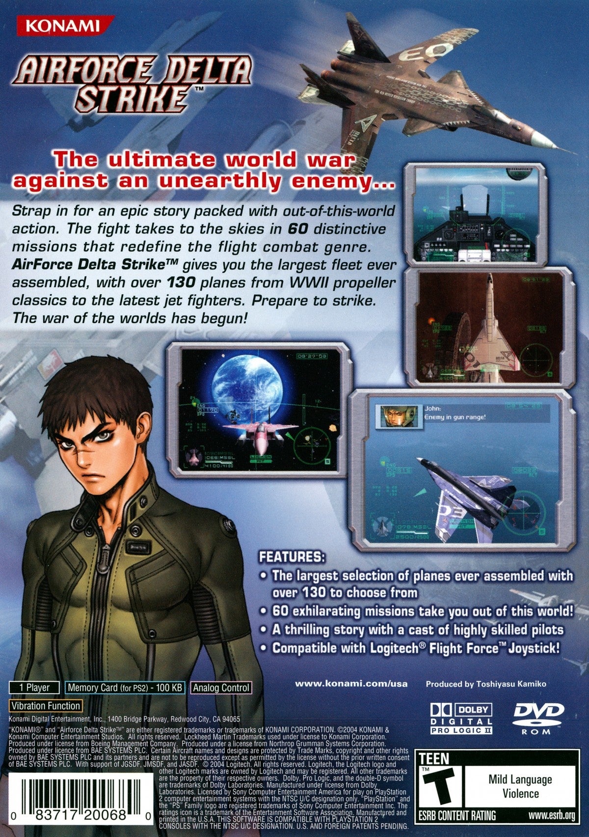AirForce Delta Strike PS2 Sony PlayStation 2 flight combat simulator arcade air combat jet fighter dogfights military missions Konami aircraft variety story campaign realistic aerial combat gameplay retro gaming PlayStation 2 software video game title back cover art