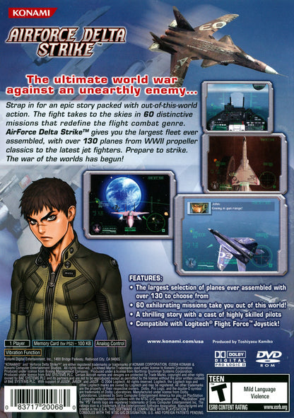 AirForce Delta Strike PS2 Sony PlayStation 2 flight combat simulator arcade air combat jet fighter dogfights military missions Konami aircraft variety story campaign realistic aerial combat gameplay retro gaming PlayStation 2 software video game title back cover art