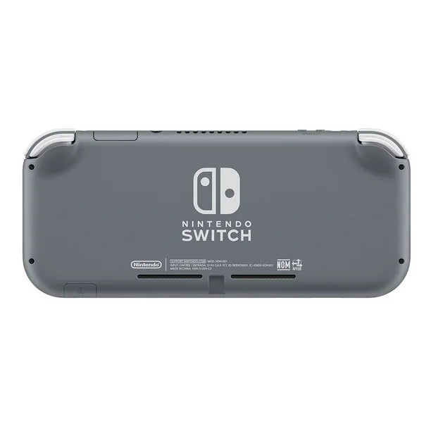 Back view of the gray Nintendo Switch Lite console with matte gray casing and Nintendo Switch logo centered on the rear shell.