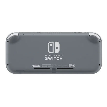 Back view of the gray Nintendo Switch Lite console with matte gray casing and Nintendo Switch logo centered on the rear shell.