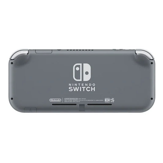 Back view of the gray Nintendo Switch Lite console with matte gray casing and Nintendo Switch logo centered on the rear shell.