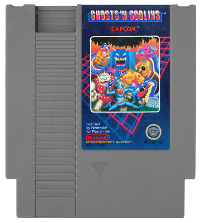 Ghosts 'n Goblins cartridge for the Nintendo Entertainment System featuring a challenging 8 bit side scrolling action platformer with knight Arthur battling hordes of demons and undead enemies cartridge