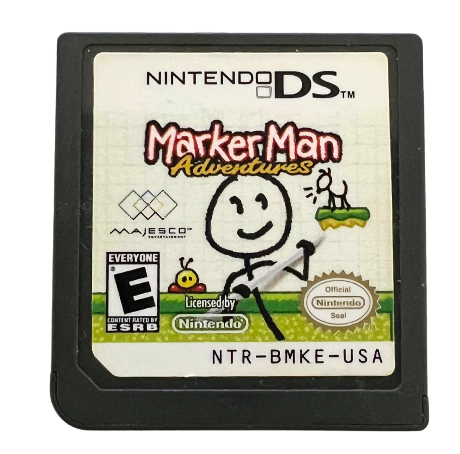 Marker Man Adventures for Nintendo DS, cartridge for a puzzle platformer video game with drawing-based gameplay, creative level navigation, and stylus-controlled challenges