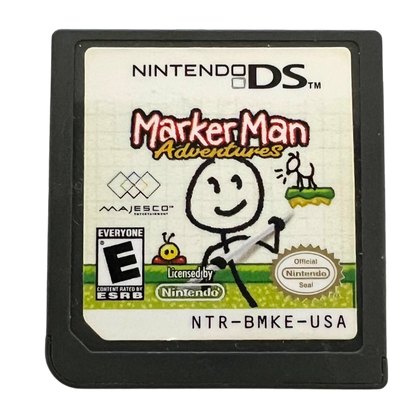 Marker Man Adventures for Nintendo DS, cartridge for a puzzle platformer video game with drawing-based gameplay, creative level navigation, and stylus-controlled challenges