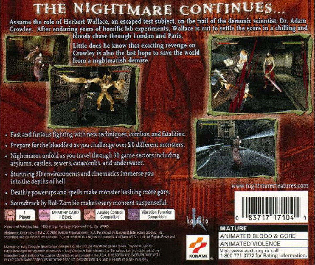 Nightmare Creatures II PS1 PlayStation 1 survival horror action game gothic monster combat dark fantasy third person adventure retro video game back cover art