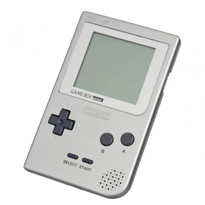 Silver Game Boy Pocket Nintendo handheld gaming console portable retro video game system classic Nintendo hardware collectible gaming device angle front