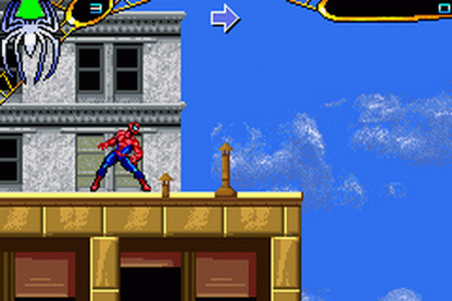 Spider-Man 2 for Game Boy Advance (GBA), gameplay for a retro video game featuring action-adventure gameplay, side-scrolling combat, web-slinging abilities, mission-based challenges, and superhero-themed exploration