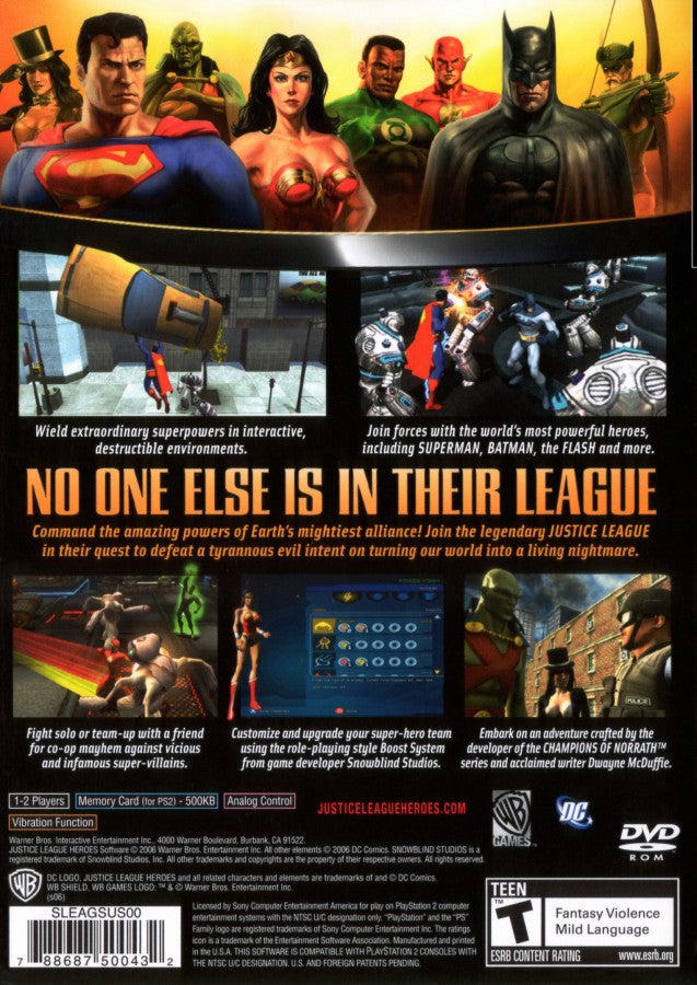 Justice League Heroes back cover art for Playstation 2 video game